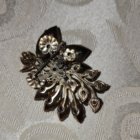 JUDY LEE Vintage 50s Brooch & Clip-On Earrings Set Gold Leaf Aurora Rhinestones - Picture 6 of 14